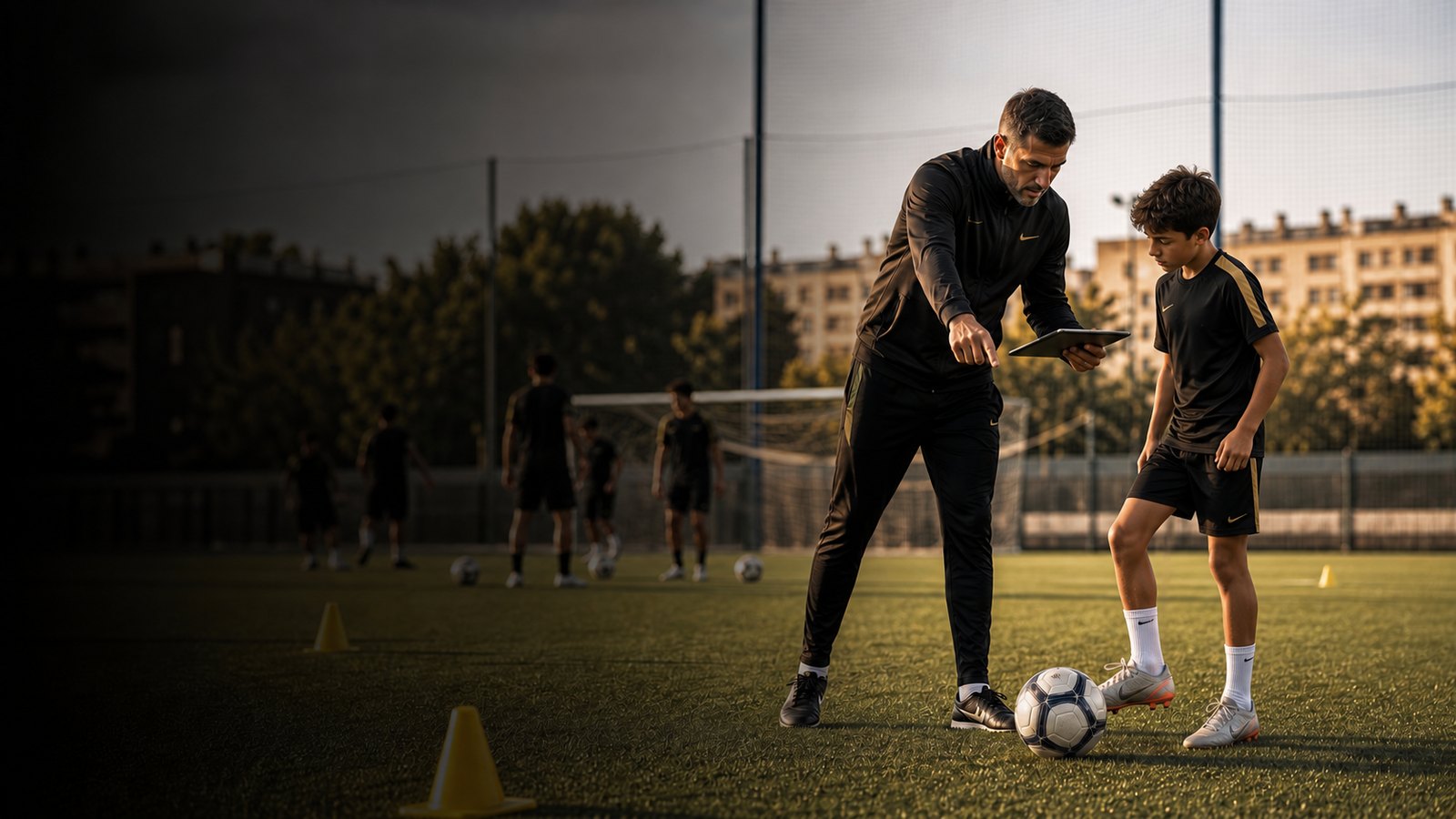 Illustration of a coach guiding a football player aged around 13 in Barcelona