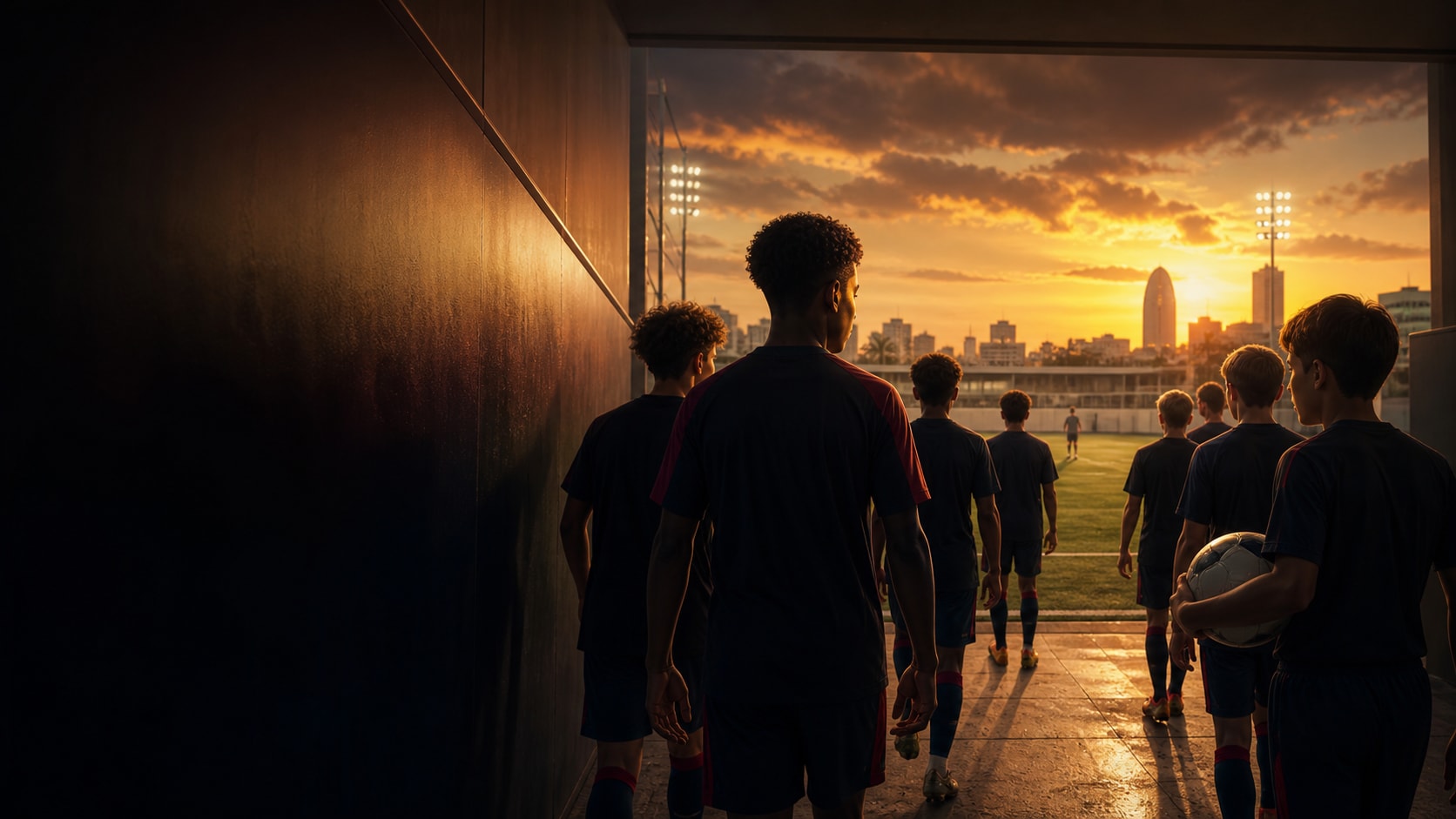 Young footballers walking into an elite Barcelona training environment